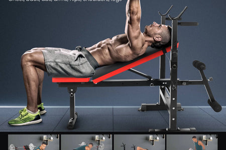 6-In-1 Adjustable Weight Bench Set Bench Press with Squat Barbell Rack/Removable Foot Catch/Rowing Set Ideal for Incline, Flat, Decline, and Sit up Full Body Exercise Equipment