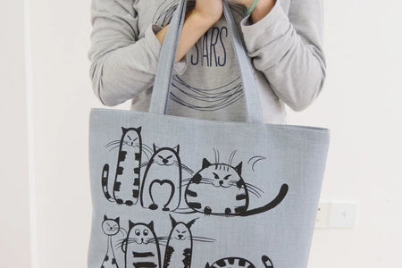 Cartoon Cats Printed Beach Zipper Bag Women Fashion Canvas Tote Shopping Handbags