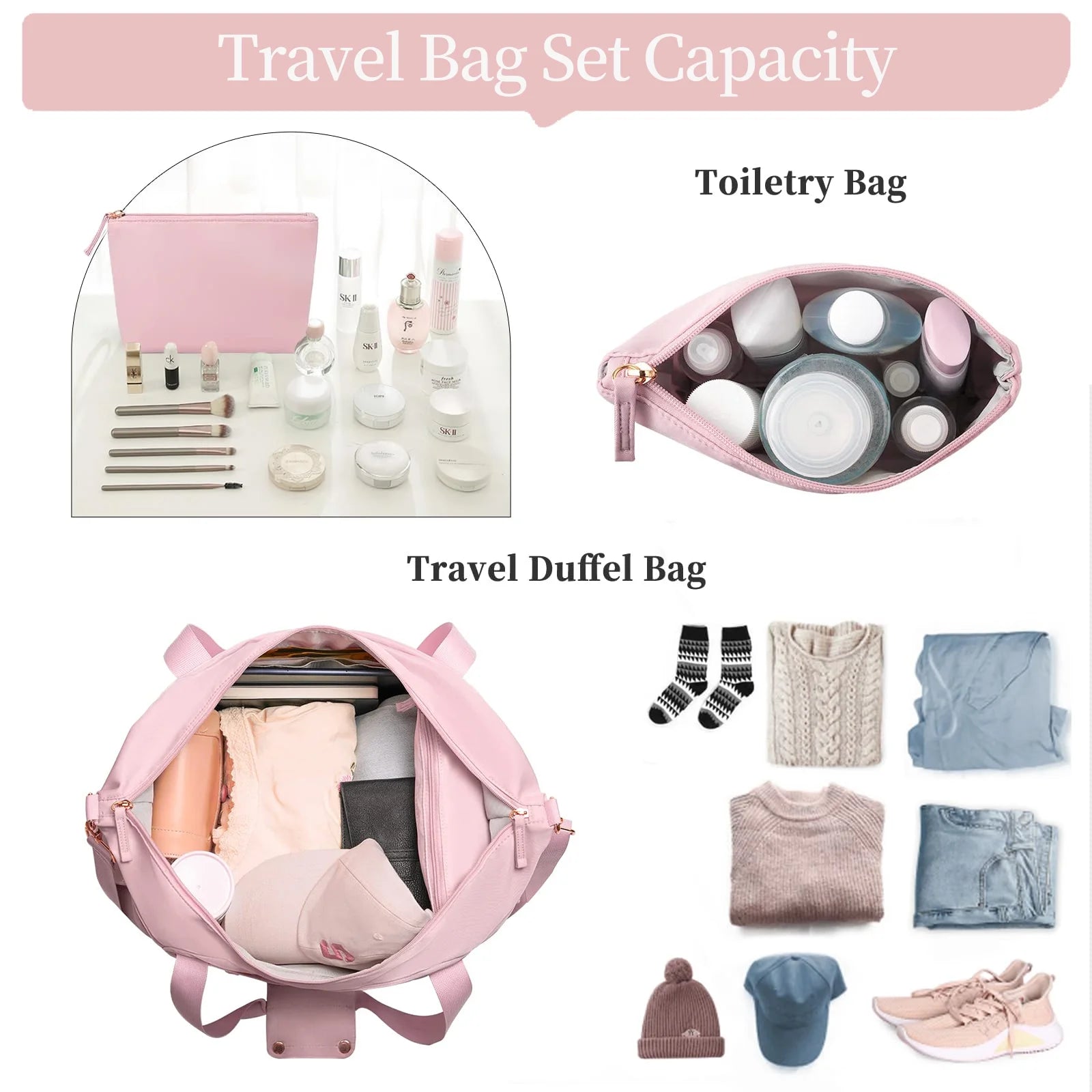 Travel Duffel Bag for Women Gym Bag with USB Charging Port Large Weekender Overnight Bag Yoga Duffle Bags with Wet Pocket and Shoes Compartment, Pink