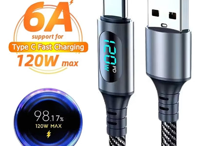6A 120W USBA to Type C Super Fast Charge Cable Nylon Data Cord for Xiaomi POCO Samsung with Led Digital Display Cable