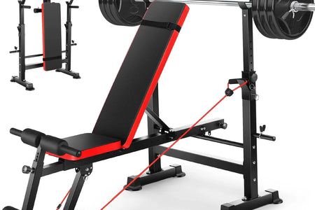 6-In-1 Adjustable Weight Bench Set Bench Press with Squat Barbell Rack/Removable Foot Catch/Rowing Set Ideal for Incline, Flat, Decline, and Sit up Full Body Exercise Equipment