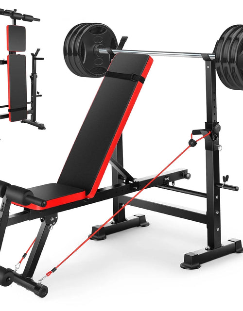 Load image into Gallery viewer, 6-In-1 Adjustable Weight Bench Set Bench Press with Squat Barbell Rack/Removable Foot Catch/Rowing Set Ideal for Incline, Flat, Decline, and Sit up Full Body Exercise Equipment
